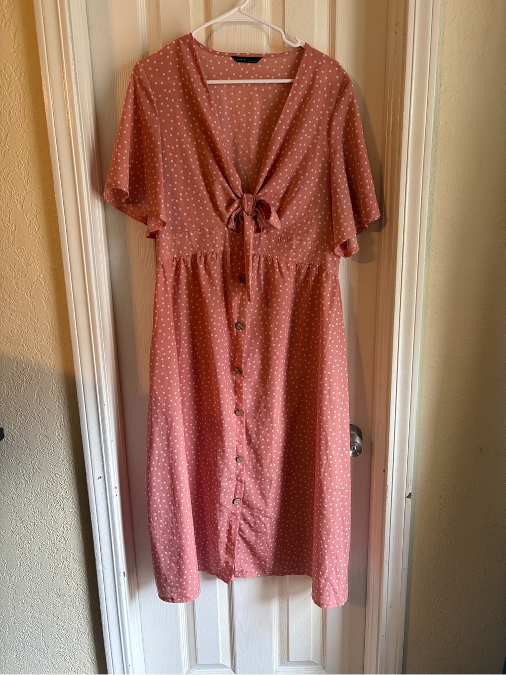 SHEIN Dusty Rose Polka Dot Tie-Front Midi Dress